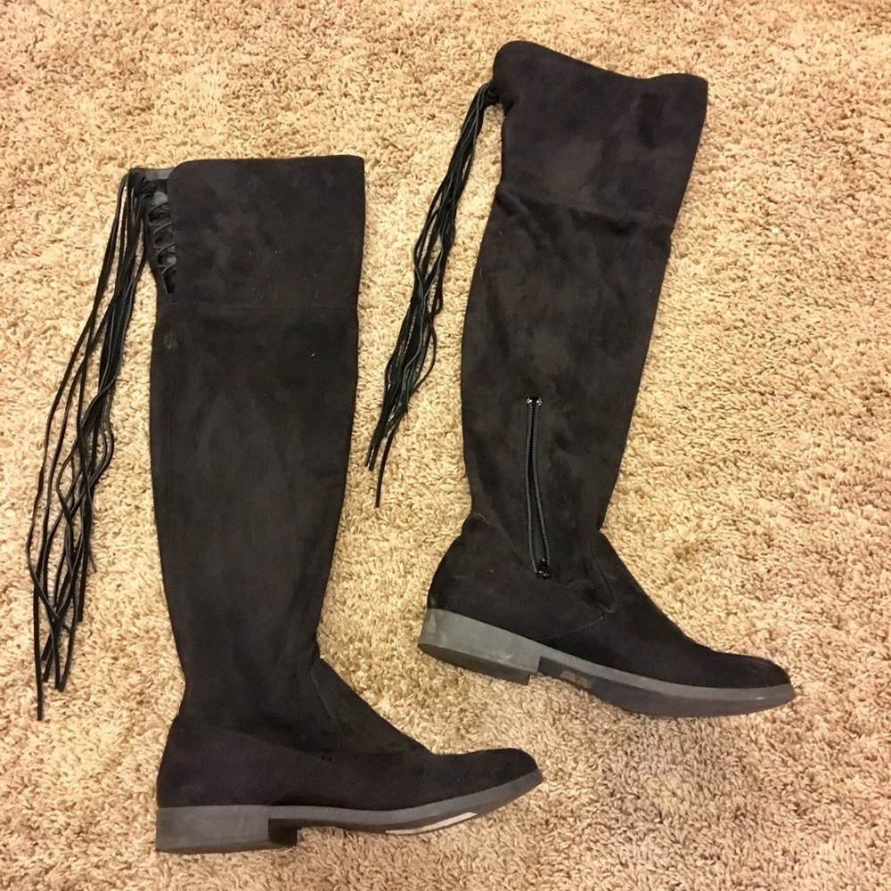 Black suede over the knee fringe boots